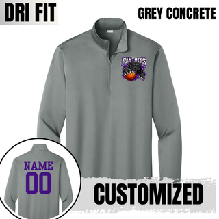 Grey concrete PosiCharge quarter-zip with a left chest Full Court Attack design and a purple name and number on the back