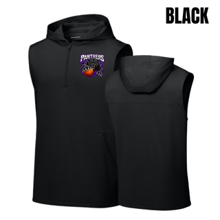 Black sleeveless hooded quarter-zip with a left chest Full Court Attack panther design, front and back view