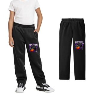 Youth model in black warm-up pants with the Full Court Attack panther design on the upper leg, with a flat lay view