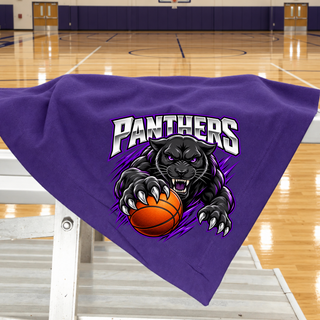 Royal Valley Panthers Basketball Full Court Attack Stadium Blanket in Purple draped over gym bleachers