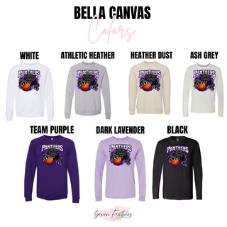 Bella Canvas color chart in white, athletic heather, heather dust, ash grey, team purple, dark lavender, and black