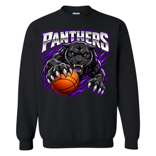 Black crewneck with the Full Court Attack design, a snarling black panther clawing a basketball under chrome Panthers lettering