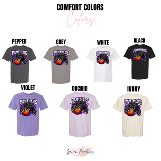 Comfort Colors color chart in pepper, grey, white, black, violet, orchid, and ivory with the panther design