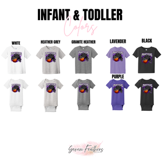 Infant and toddler color chart in white, heather grey, granite heather, lavender, purple, and black with the panther design