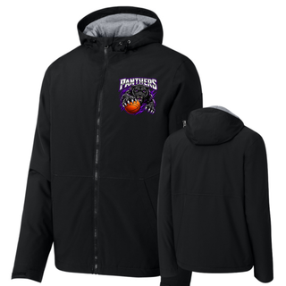 Black hooded waterproof insulated jacket with the Full Court Attack panther design on the left chest, front and back view