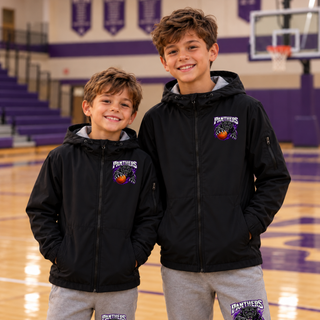 Two boys in a gym wearing black waterproof insulated jackets with the Full Court Attack design on the left chest