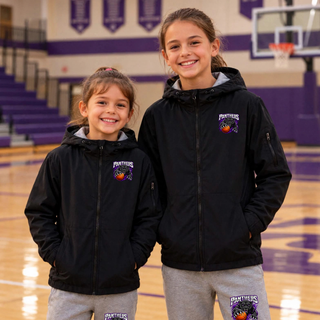 Two girls in a gym wearing black waterproof insulated jackets with the Full Court Attack design on the left chest