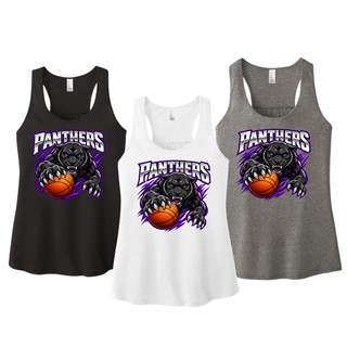 Black, white, and grey frost women's racerback tanks with the Full Court Attack panther and basketball design