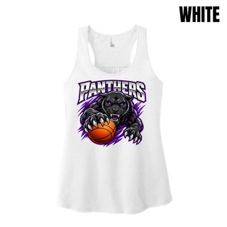 White women's racerback tank with the Full Court Attack design, a snarling panther clawing an orange basketball