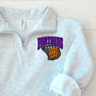 Close-up of an ash grey cadet quarter-zip with the Panthers Basketball Hoop design on the left chest: Panthers in purple arched block lettering over an orange basketball in a net