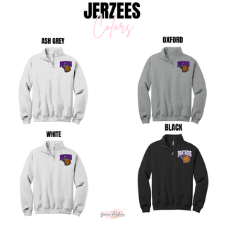 Cadet quarter-zip color chart showing the Panthers Basketball Hoop design on Ash Grey, Oxford, White, and Black