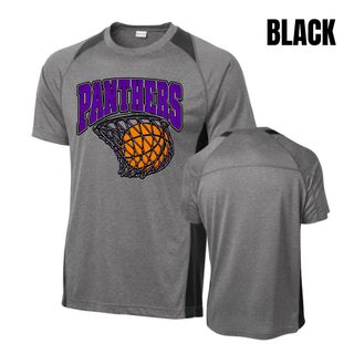 Heather grey colorblock contender tee with black panels, front and back, with a Panthers Basketball design over a basketball in a net on the chest