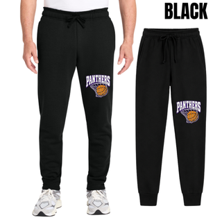 Black core fleece joggers worn by a model and shown flat, with the Panthers Basketball Hoop design in white and purple printed on the front of the leg