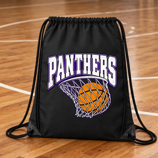 Black drawstring bag with the Panthers Basketball design in purple, white, and orange, showing Panthers lettering arched over a basketball in a net, on a gym floor