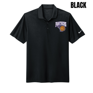 Black micro pique polo with the Panthers Basketball Hoop design on the left chest in white and purple lettering over an orange basketball in a net