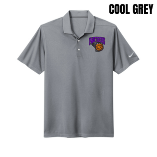 Cool grey micro pique polo with the Panthers Basketball Hoop design on the left chest in purple lettering over an orange basketball in a net
