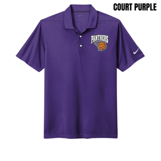 Court purple micro pique polo with the Panthers Basketball Hoop design on the left chest in white lettering over an orange basketball in a net
