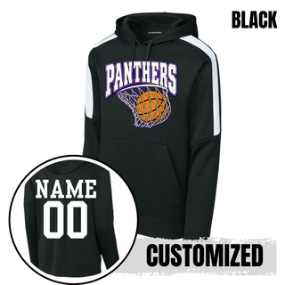 Black fan favorite hoodie with white shoulder panels and the Panthers Basketball Hoop design, with an inset showing a customized back with a white name and number