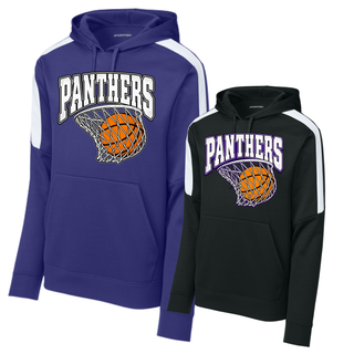 Purple and black fan favorite hoodies with white shoulder panels and the Panthers Basketball Hoop design centered on the chest