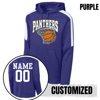 Purple fan favorite hoodie with white shoulder panels and the Panthers Basketball Hoop design, with an inset showing a customized back with a white name and number