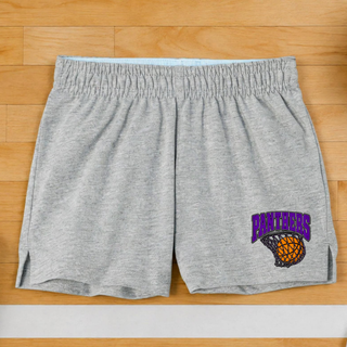Heather grey jersey knit squad shorts flat lay on a gym floor with a Panthers lettering over a basketball in a net design near the hem