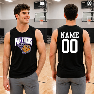 Man wearing a black sleeveless competitor tank with the Panthers Basketball Hoop design on the chest, with a back view showing a white name and number