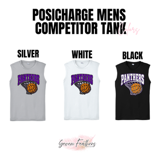 Men's PosiCharge competitor tank color chart showing the Panthers Basketball Hoop design on Silver, White, and Black