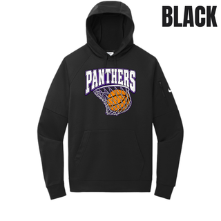 Black pocket pullover hoodie with a Panthers Basketball design in arched block lettering over a basketball in a net on the chest