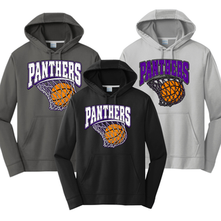 Charcoal, black, and silver performance hoodies with the Royal Valley Panthers Basketball Hoop design: Panthers in arched block lettering over an orange basketball in a net