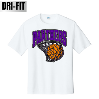 White performance tee with the Royal Valley Panthers Basketball Hoop design centered on the chest: Panthers in purple arched block lettering over an orange basketball in a net