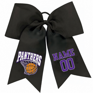 Black cheer bow with a Panthers design over a basketball in a net on one tail and a purple name and number on the other