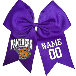 Purple cheer bow with a Panthers design over a basketball in a net on one tail and a white name and number on the other