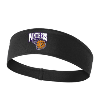 Black PosiCharge headband with Panthers lettering arched over an orange basketball dropping through a white net