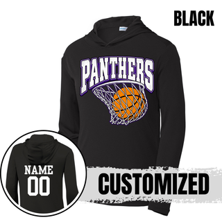 Black PosiCharge hooded pullover with the Panthers Basketball Hoop design in white and purple on the front and an inset showing a customized back with a white name and number