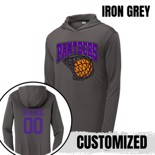 Iron grey PosiCharge hooded pullover with the Panthers Basketball Hoop design on the front and an inset showing a customized back with a purple name and number