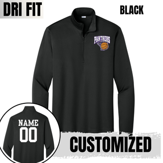 Black PosiCharge quarter-zip pullover with the Panthers Basketball Hoop design on the chest and an inset showing a customized back with a white name and number