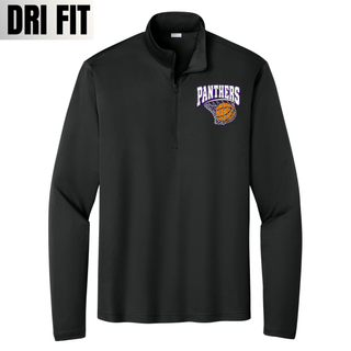 Black PosiCharge quarter-zip pullover with the Royal Valley Panthers Basketball Hoop design on the upper chest beside the zipper: Panthers in white arched block lettering over an orange basketball in a net