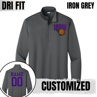 Iron grey PosiCharge quarter-zip pullover with the Panthers Basketball Hoop design on the chest and an inset showing a customized back with a purple name and number