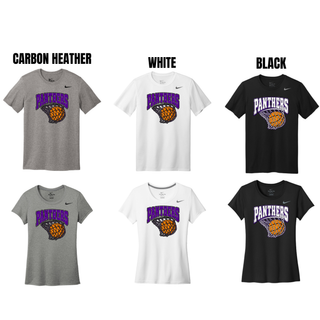 rLegend tee color chart showing the Panthers Basketball Hoop design on Carbon Heather, White, and Black in men's and women's cuts
