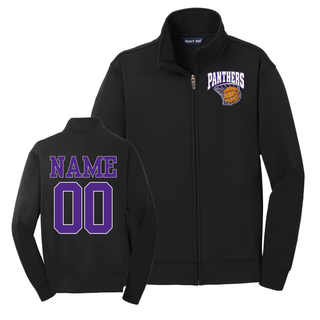 Black full-zip fleece jacket with a Panthers Hoop design on the left chest and a purple name and number on the back