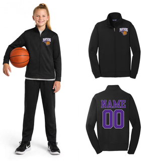 Girl holding a basketball in a black full-zip jacket and pants with a Panthers Hoop design on the left chest, with small front and back jacket views