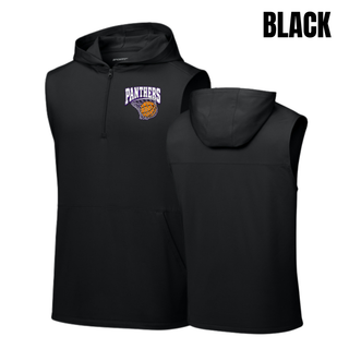 Black sleeveless hooded quarter-zip, front and back flat lay, with a Panthers Basketball design on the left chest