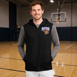 Man on a basketball court wearing a black sleeveless hooded quarter-zip with a Panthers Basketball design on the left chest