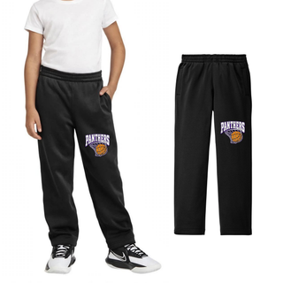 Youth model and flat lay of black fleece warm-up pants with a Panthers lettering over a basketball in a net design on the upper leg