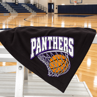 Black stadium blanket draped over gym bleachers with the Royal Valley Panthers Basketball Hoop design: Panthers in white arched block lettering with a purple outline over an orange basketball in a white net