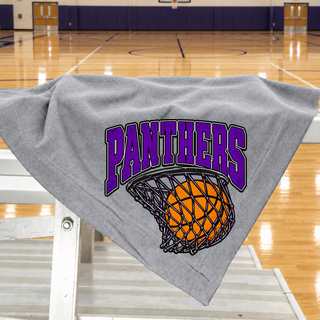 Athletic heather grey stadium blanket draped over gym bleachers with the Royal Valley Panthers Basketball Hoop design: Panthers in purple arched block lettering over an orange basketball in a net