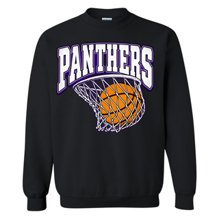 Black crewneck sweatshirt with the Royal Valley Panthers Basketball Hoop design centered on the chest: Panthers in white arched block lettering with a purple outline over an orange basketball in a white net