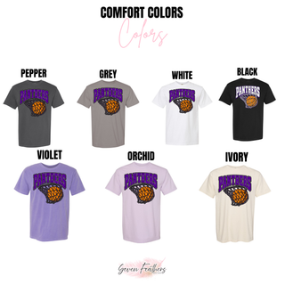 Comfort Colors color chart showing the Panthers Basketball Hoop design on Pepper, Grey, White, Black, Violet, Orchid, and Ivory tees