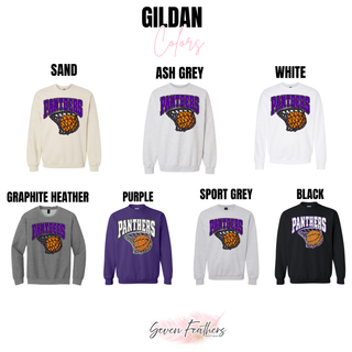 Gildan crewneck color chart showing the Panthers Basketball Hoop design on Sand, Ash Grey, White, Graphite Heather, Purple, Sport Grey, and Black sweatshirts