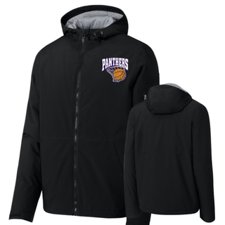 Black waterproof insulated jacket shown front and back with the Panthers Basketball Hoop design on the left chest